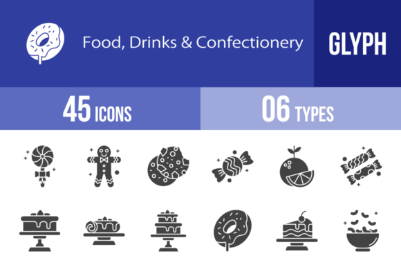 45 Food, Drinks Confectionery Icons Graphics