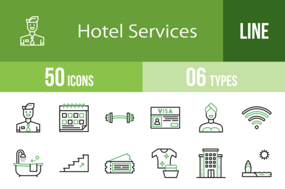 50 Hotel Services Green Black Icons Graphics