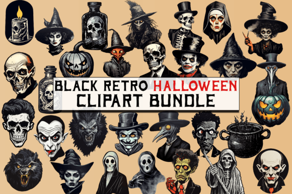 Black Retro Halloween Clipart Bundle: Graphics & Illustrations