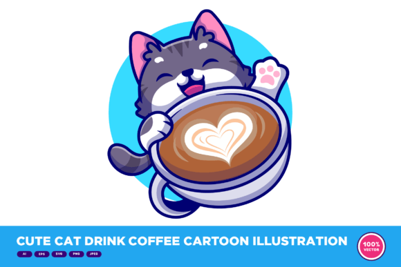 Cute Cat Drink Coffee Cartoon Graphics & Illustrations