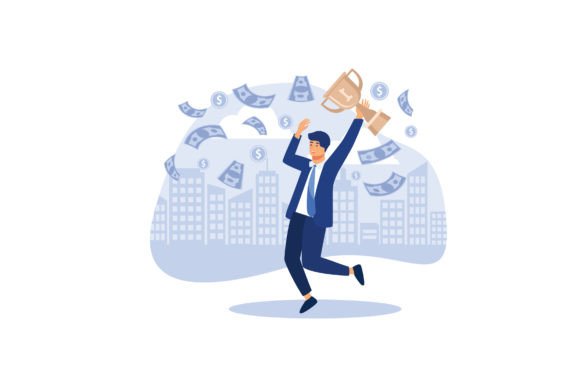 Happy Business Man Jumping Under Money: Graphics & Illustrations